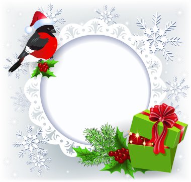 Hediye kutusu ve Noel decorat ile Noel Baba şapkalı şakrak kuşu