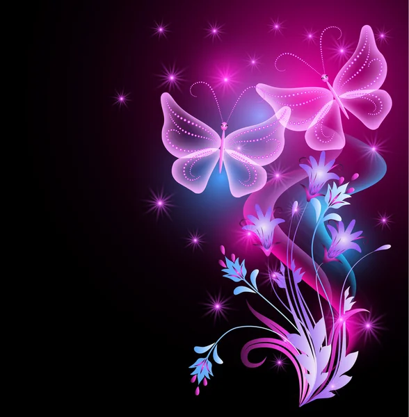 Fleurs ornement, étoiles et papillons magiques — Image vectorielle