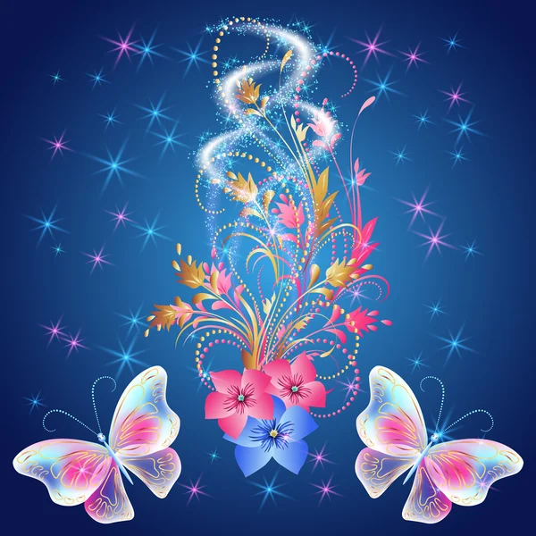 Transparent butterflies with glowing firework and floral ornamen — Stock vektor