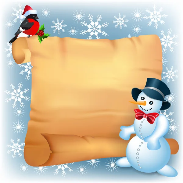 Christmas background with  snowman, bullfinch and old paper — Stock vektor