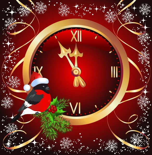 Kerstmis achtergrond met klokgelui en Goudvink in Santa Claus ha — Stockvector