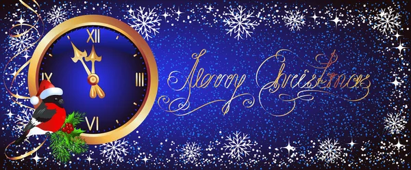 Weihnachten Hintergrund mit Glockenspiel und Gimpel in Santa Claus ha — Stockvektor