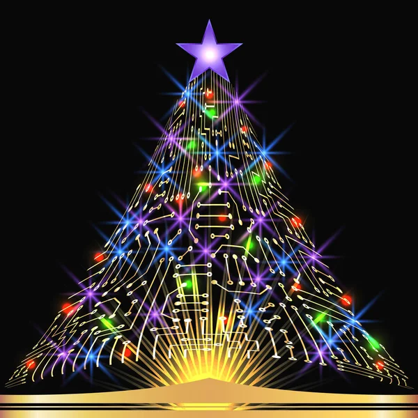 Árbol de abeto de Navidad del circuito electrónico digital con brillo — Vector de stock