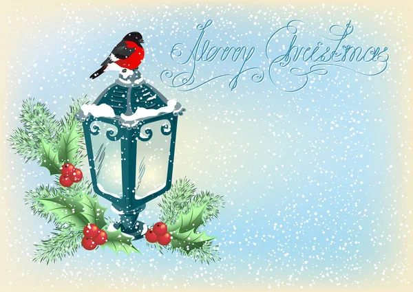Lanterna de Natal com bullfinch, abeto decorativo e azevinho ser — Vetor de Stock