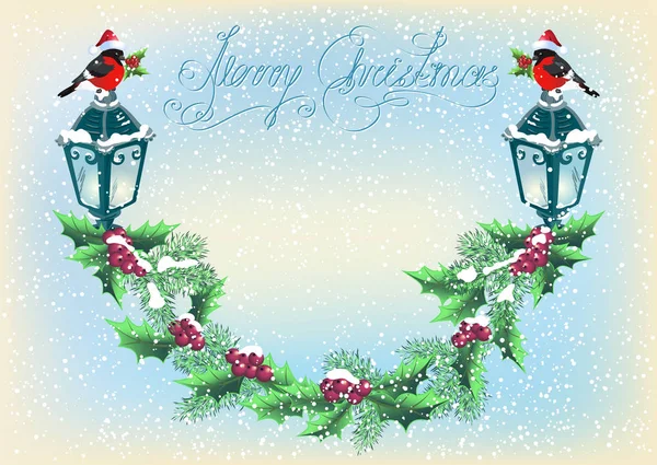 Jul lykta med domherre, dekorativa Gran och holly bär på snöfall bakgrund — Stock vektor