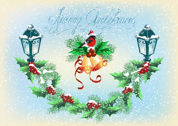 圣诞的钟声，红腹灰雀与灯笼装饰与云杉和冬青浆果 — 图库矢量图片