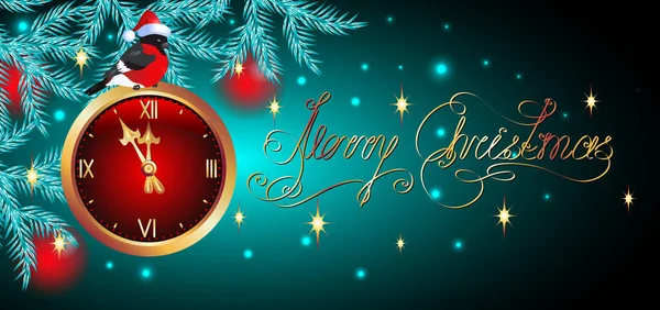 Biglietto natalizio con abete rosso, carillon e bullfinches a Babbo Natale — Vettoriale Stock