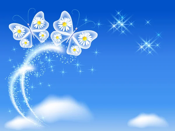 Mariposas con fuegos artificiales en el cielo y estrellas brillantes — Vector de stock