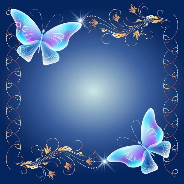 Marco dorado con mariposas transparentes — Vector de stock