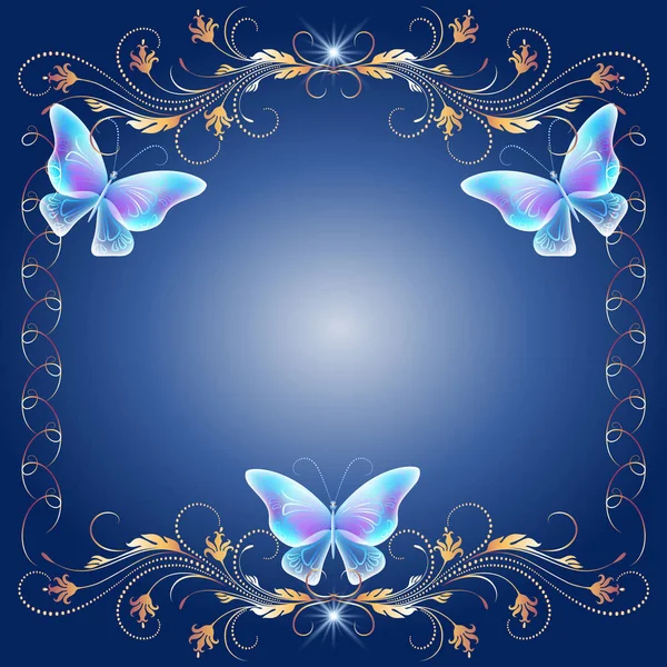 Goldener Rahmen mit transparenten Schmetterlingen — Stockvektor