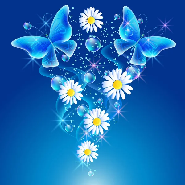 Margarida e borboletas no céu — Vetor de Stock