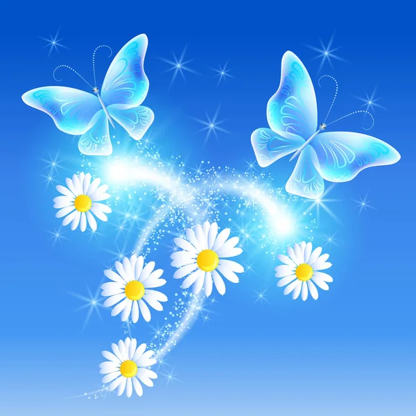 Mariposas con margaritas en el cielo — Vector de stock