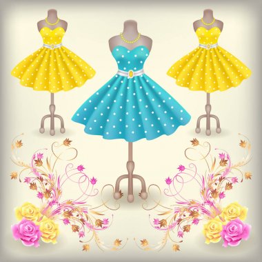 Lekeli sho kukla üzerinde retro tarzı ile moda elbise