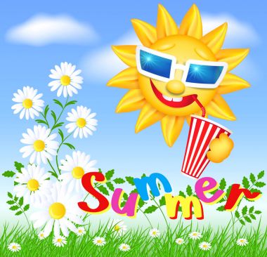 Komik güneş soğuk içecek içme payet ve çiçekler ve çim