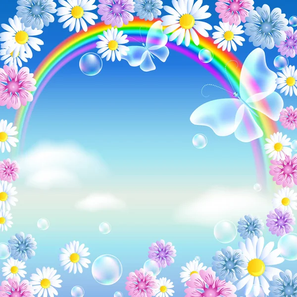 Arco iris con mariposas y flores en las nubes cielo — Vector de stock