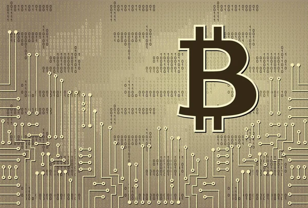 Virtuella mynt bitcoin på elektronisk krets bakgrund och binära — Stock vektor