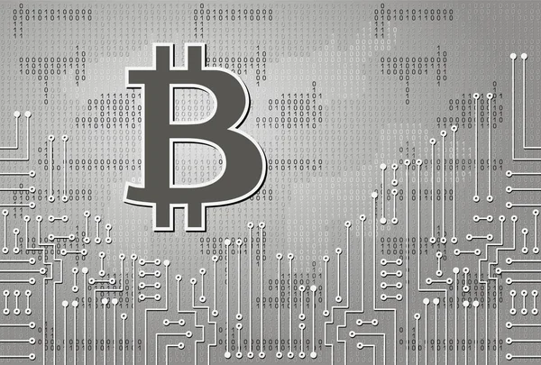 Virtuella mynt bitcoin på elektronisk krets bakgrund och binära — Stock vektor