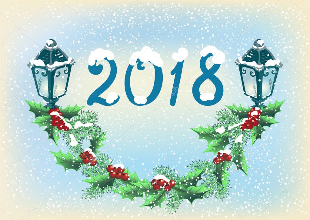 Christmas card with  lanterns on the snowfall background in retr