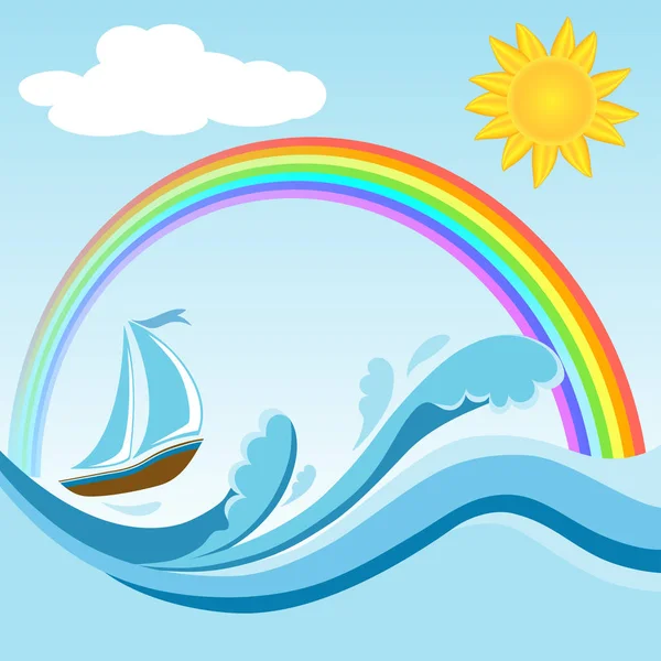 Velero en olas de mar con arco iris — Vector de stock