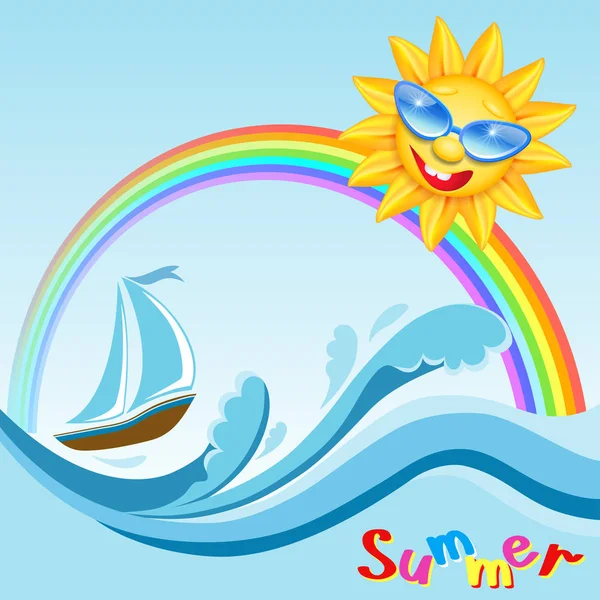 Yacht sulle onde del mare con arcobaleno e sole sorridente in bicchieri — Vettoriale Stock