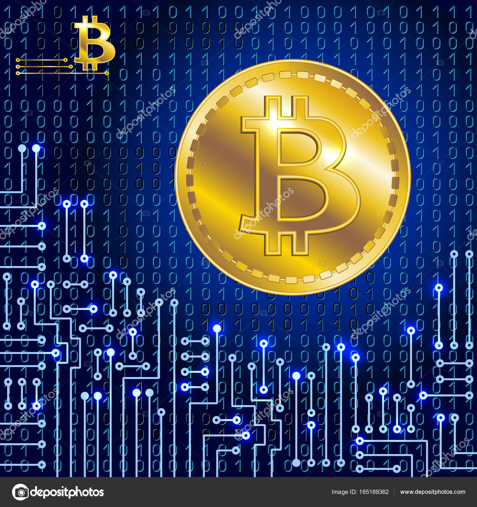 硬币上的二进制代码背景的比特币的虚拟符号和图库矢量图©Marisha 165189362