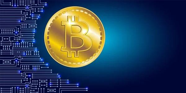 Virtuella symbol för mynt bitcoin på elektronisk krets bakgr — Stock vektor