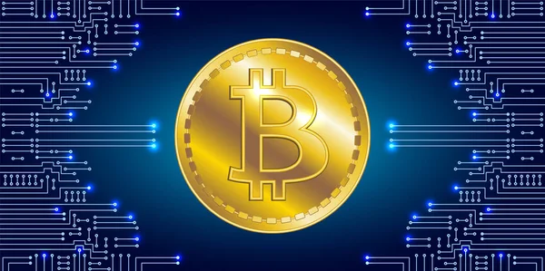 Virtuella symbol för mynt bitcoin på elektronisk krets bakgr — Stock vektor