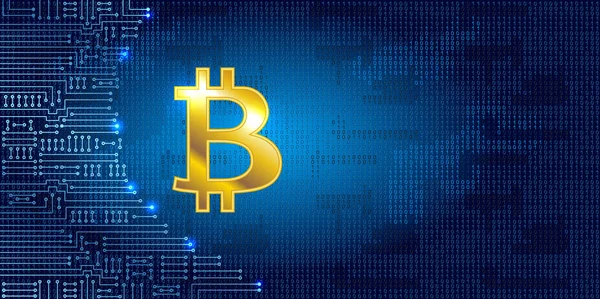 Goldener Bitcoin auf binärem Code-Hintergrund und elektronischer Schaltung — Stockvektor