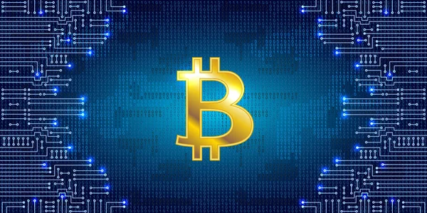 Gyllene bitcoin på binär kod bakgrund och elektronisk krets — Stock vektor