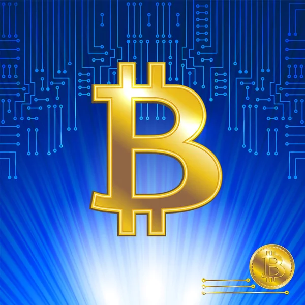 Virtuella symbol för mynt bitcoin på elektronisk krets backgro — Stock vektor