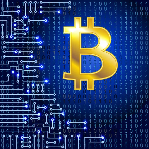 Gyllene bitcoin på binär kod bakgrund och elektronisk krets — Stock vektor
