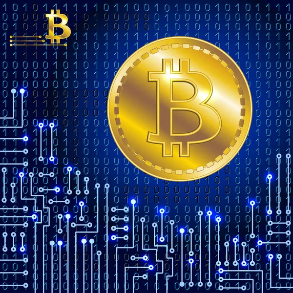 Virtuella symbol för mynt bitcoin på binär kod bakgrund och — Stock vektor