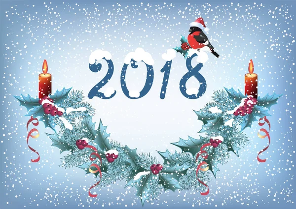 Christmas card with inscription "2018" and bullfinch in Santa ha — Stock Vector
