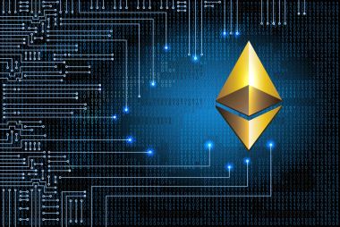 Golden ethereum coin on binary code background and electronic ci clipart