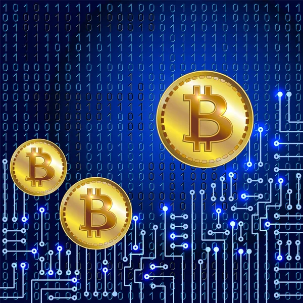 Coin Bitcoin auf Binärcode-Hintergrund und elektronischer Schaltung — Stockvektor