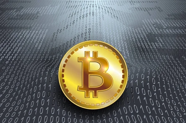 Virtuella symbol för mynt bitcoin på binär kod bakgrund — Stock vektor