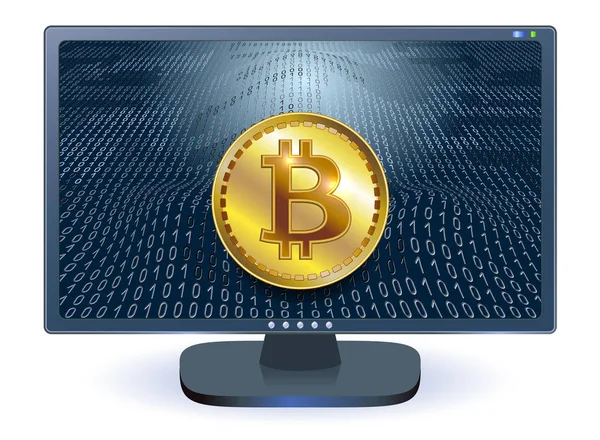 Virtuelles Symbol der Münze Bitcoin auf Monitor-Bildschirm und binäre — Stockvektor