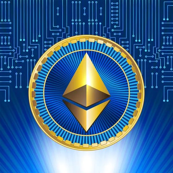 Moneta in Ethereum dorato sullo sfondo del circuito elettronico — Vettoriale Stock
