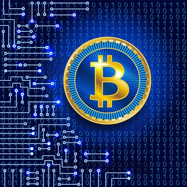 Coin Bitcoin auf Binärcode-Hintergrund und elektronischer Schaltung — Stockvektor