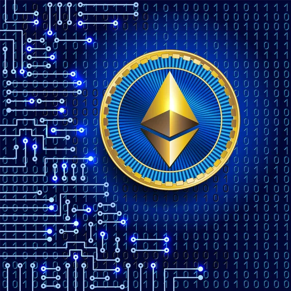 Gouden ethereum munt van binaire code achtergrond en elektronische ci — Stockvector