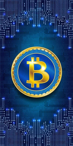 이진 코드 배경 및 전자 회로에 동전 bitcoin — 스톡 벡터