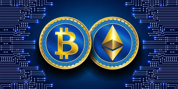 Símbolos virtuais da moeda bitcoin e ethereum. Criptomoeda — Vetor de Stock