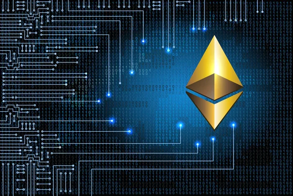 Golden ethereum pénzérme háttér bináris kód és elektronikus ci — Stock Vector