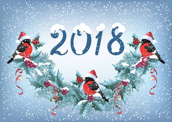 Noel kartı ile bullfinches kar yağışı arka planda r üzerinde — Stok Vektör