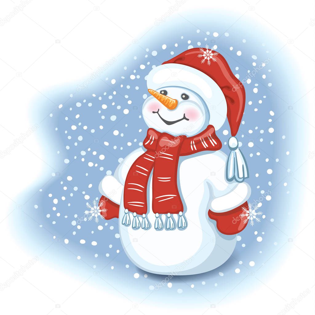 Christmas card with funny Snowman in Santa cap against snowfall 