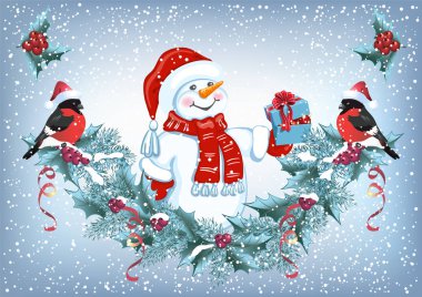 Hediye kutusu ve dekoratif çelengi olan Kardan Adam 'la Noel kartı.