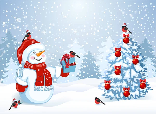 Bonhomme de neige avec boîte cadeau sur fond de forêt d'hiver avec déco — Image vectorielle