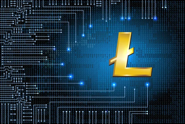 Litecoin em fundo de código binário e circuito eletrônico — Vetor de Stock