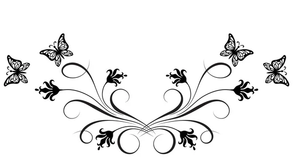 Ornamento de canto floral decorativo com flores e borboleta — Vetor de Stock