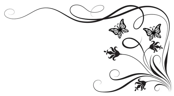Decorativo ornamento angolo floreale con fiori e farfalla — Vettoriale Stock